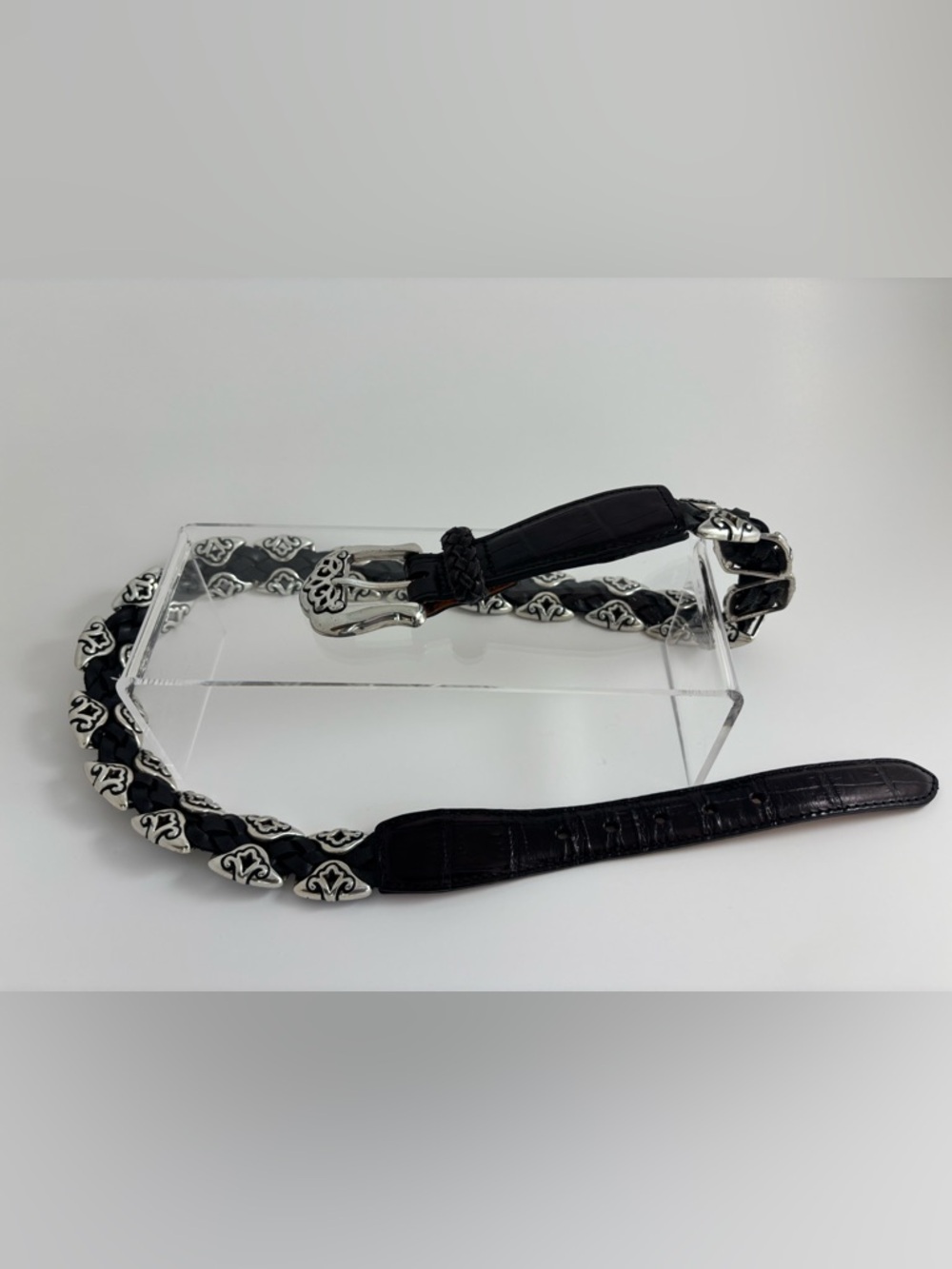 Vintage 90’s Era Black Braided Leather Belt with Silver Emblem Accents